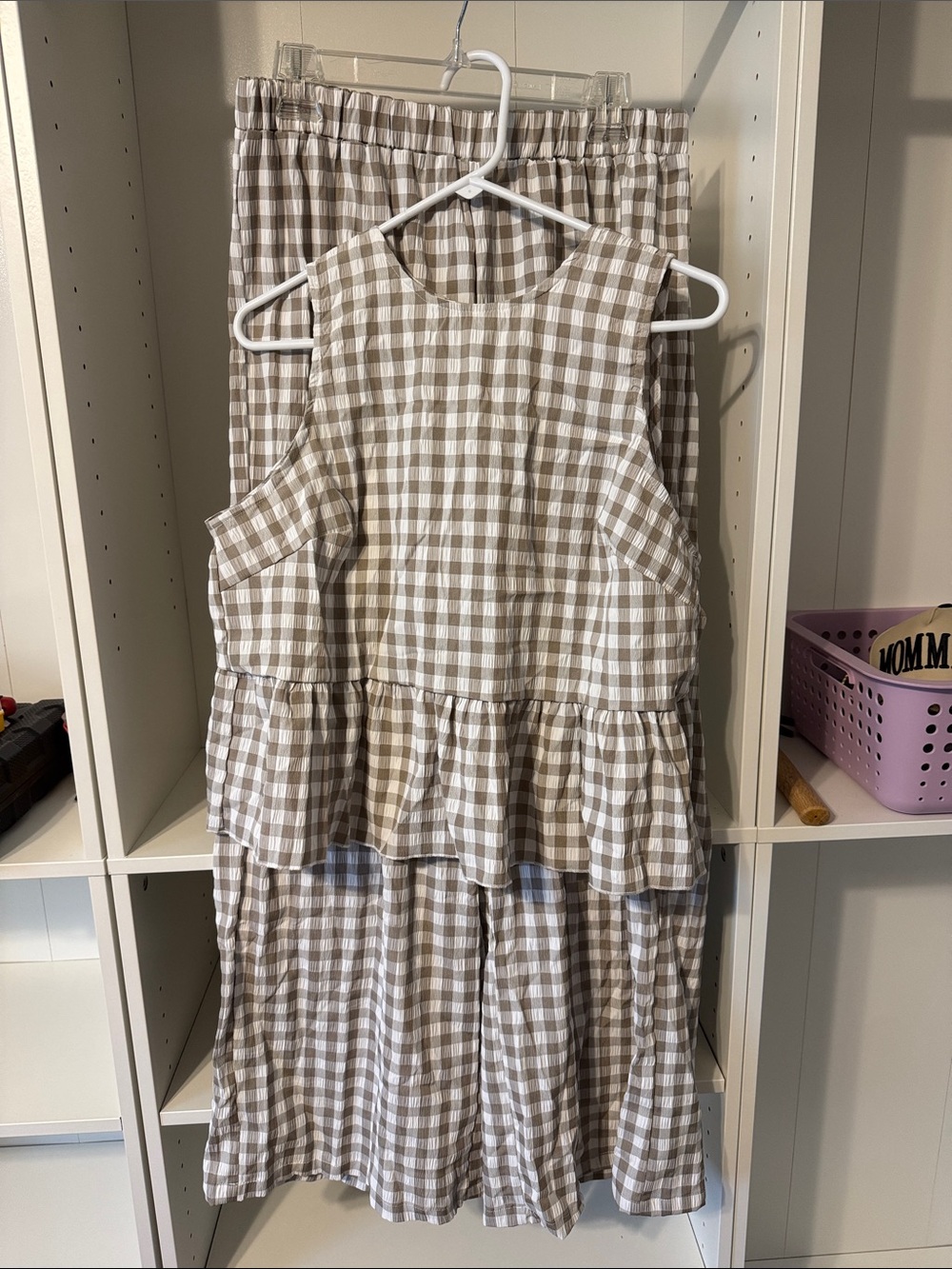 SHEIN Beige and White Gingham ruffle top and pants set